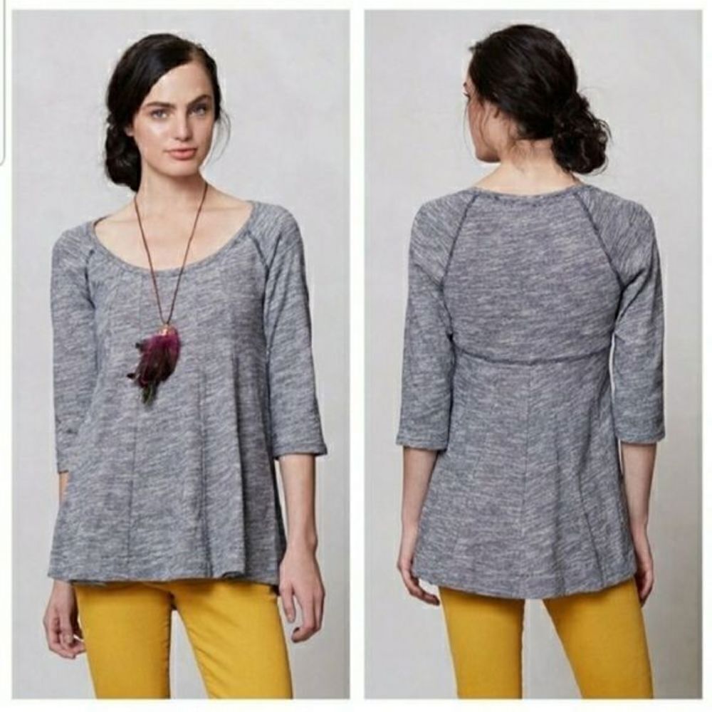 Anthropologie Deletta Blue‎ Heathered Pathed Seams Swing 3/4 Sleeve Top